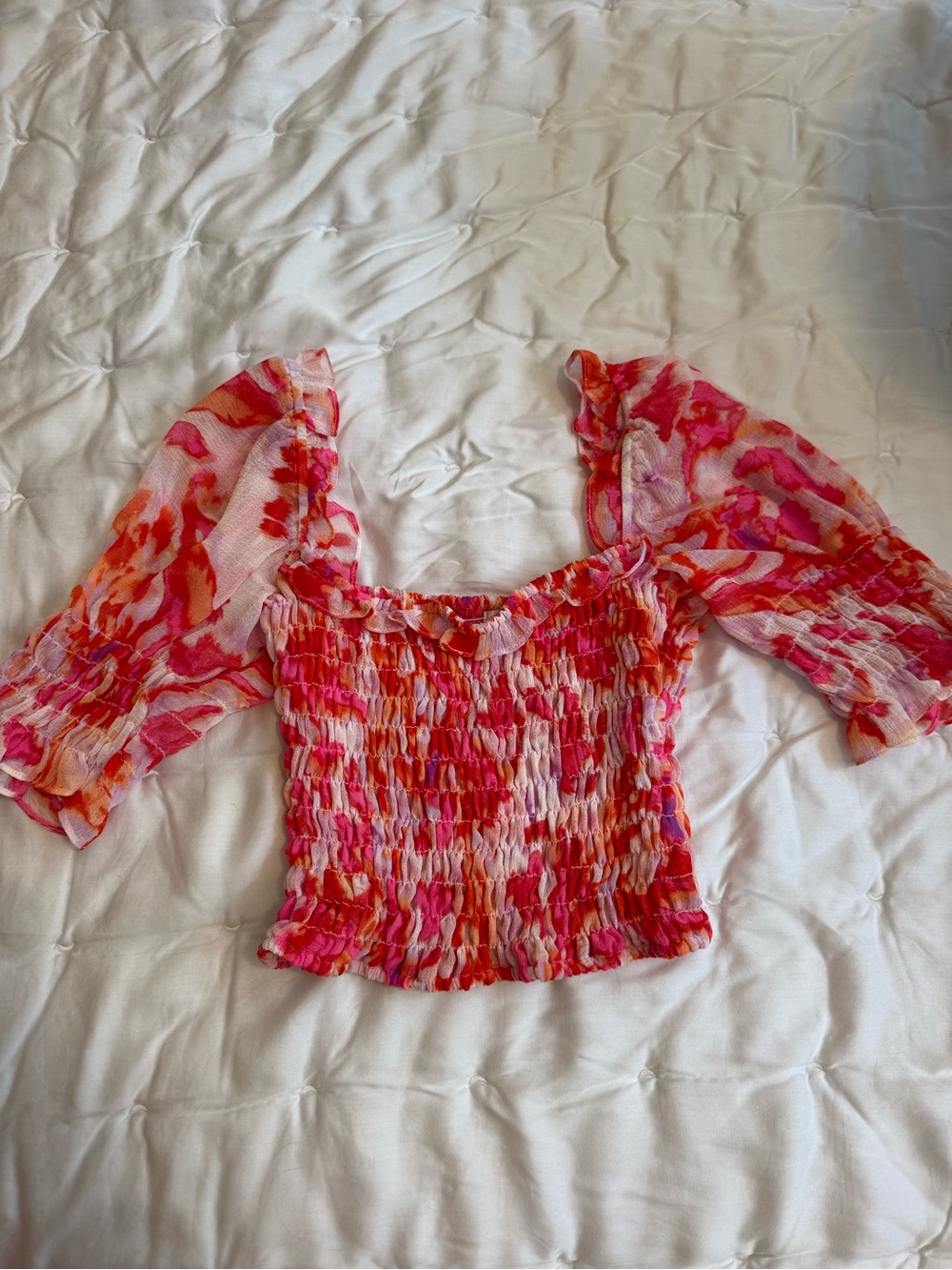Misa Los Angeles Pink & Orange Smocked Square-Neck Crop Top